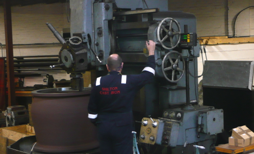 Pump bowl casing being re-machined back to standard size using vertical borer